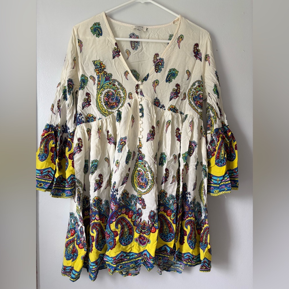 Umgee Large Babydoll Dress Paisley Print Bell Sleeve V Neck Mini Boho Hippie